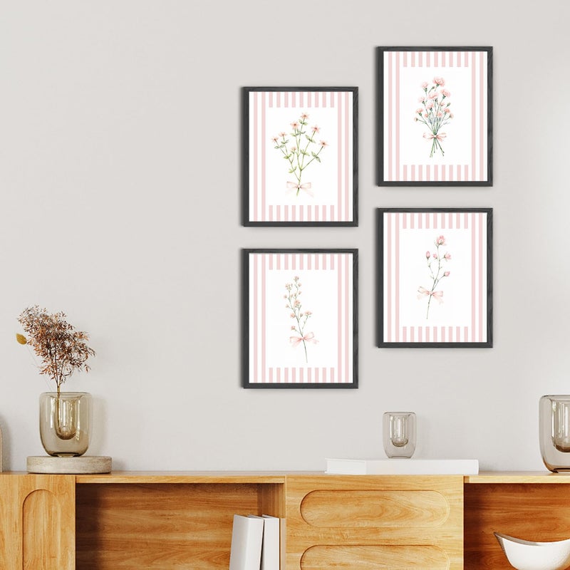 JINYO Coquette Pink Bow Floral Wall Art Prints Set of 4, Floral Room Decor, Preppy Pink and White Striped Flower Posters Pictures Wall Decor for Girls Room Bedroom Dorm Home, 8x10 Unframed - Image 5