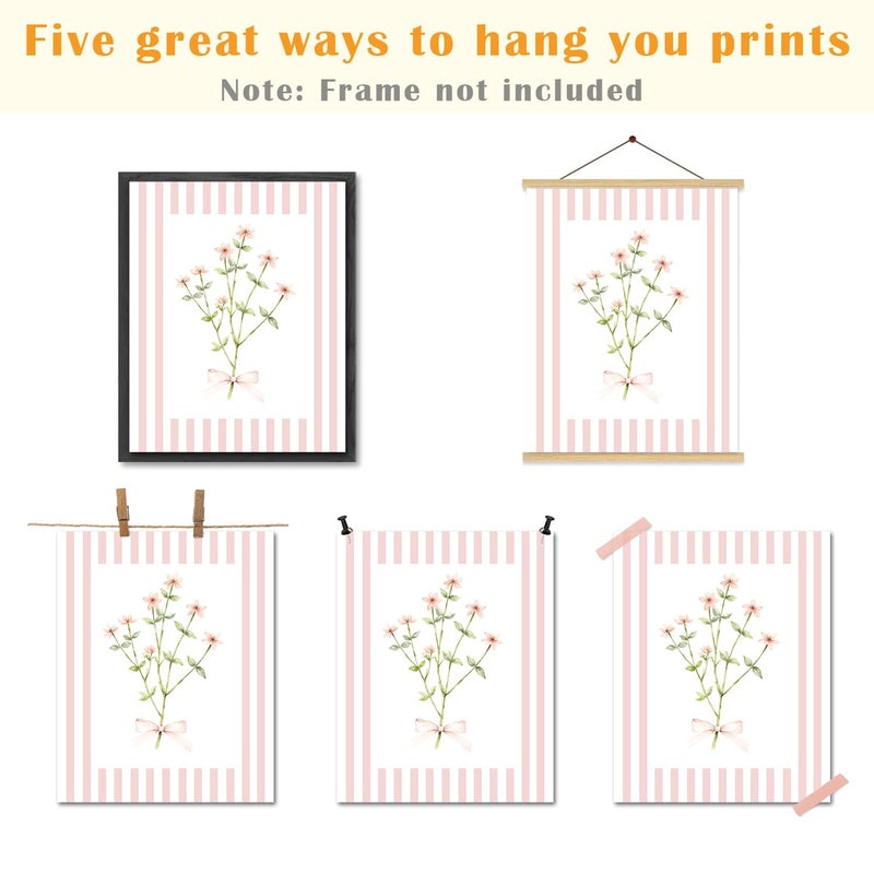 JINYO Coquette Pink Bow Floral Wall Art Prints Set of 4, Floral Room Decor, Preppy Pink and White Striped Flower Posters Pictures Wall Decor for Girls Room Bedroom Dorm Home, 8x10 Unframed - Image 3