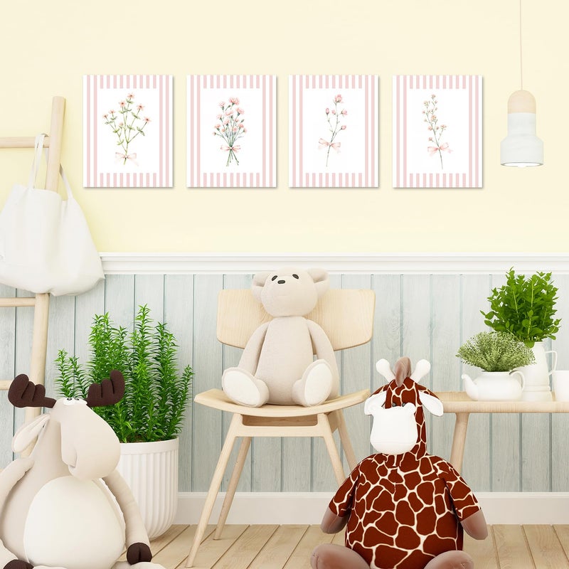 JINYO Coquette Pink Bow Floral Wall Art Prints Set of 4, Floral Room Decor, Preppy Pink and White Striped Flower Posters Pictures Wall Decor for Girls Room Bedroom Dorm Home, 8x10 Unframed - Image 4