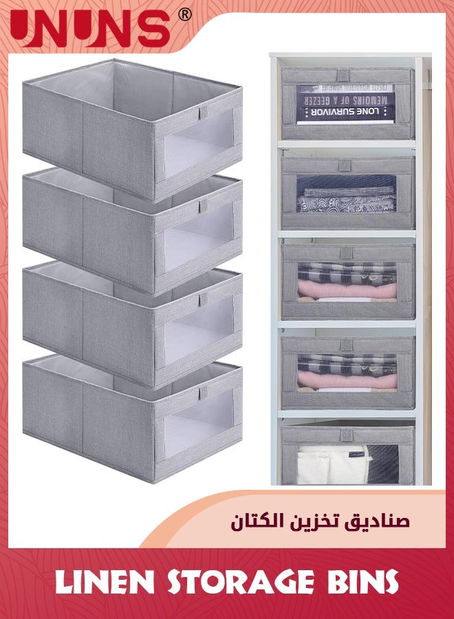 UNUNS 4 Pack Linen Storage Bins,Foldable Storage Containers With Clear Window,Large Storage Boxes Baskets For Organizing Clothing,Jeans,Toys,Books,Shelves,Closet,Wardrobe,Grey  - Image 1