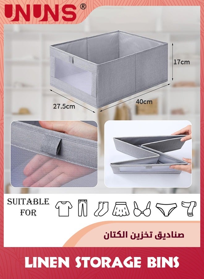 UNUNS 4 Pack Linen Storage Bins,Foldable Storage Containers With Clear Window,Large Storage Boxes Baskets For Organizing Clothing,Jeans,Toys,Books,Shelves,Closet,Wardrobe,Grey  - Image 2