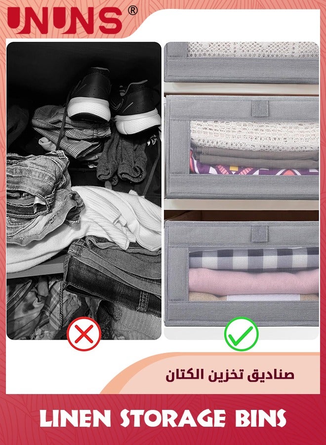 UNUNS 4 Pack Linen Storage Bins,Foldable Storage Containers With Clear Window,Large Storage Boxes Baskets For Organizing Clothing,Jeans,Toys,Books,Shelves,Closet,Wardrobe,Grey  - Image 4