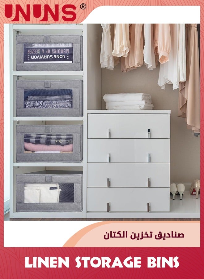 UNUNS 4 Pack Linen Storage Bins,Foldable Storage Containers With Clear Window,Large Storage Boxes Baskets For Organizing Clothing,Jeans,Toys,Books,Shelves,Closet,Wardrobe,Grey  - Image 5