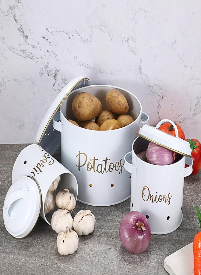 OwnMy Set of 3 Potato Onion Garlic Storage Bins Vegetable Containers Food Containers for Kitchen Counter, Potato Onion Storage Containers for Pantry Garlic Store Jars Vegetable Canisters Set, White - Image 2