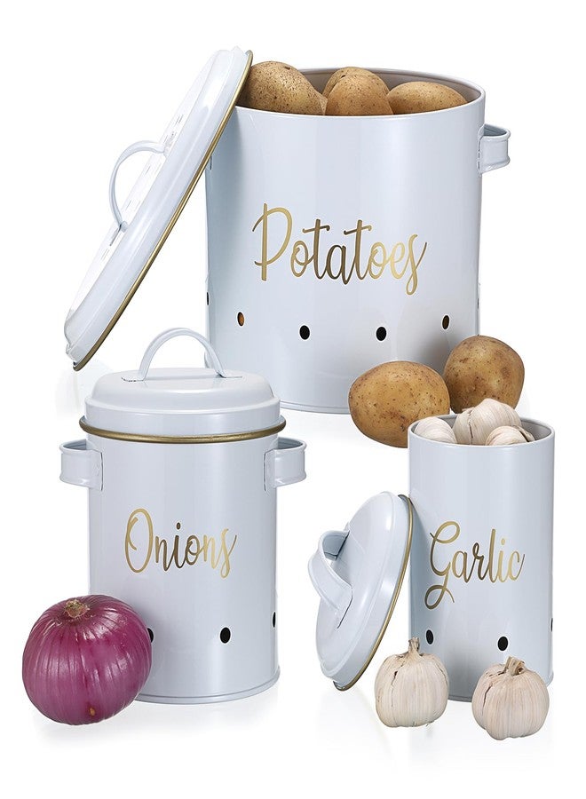 OwnMy Set of 3 Potato Onion Garlic Storage Bins Vegetable Containers Food Containers for Kitchen Counter, Potato Onion Storage Containers for Pantry Garlic Store Jars Vegetable Canisters Set, White - Image 1