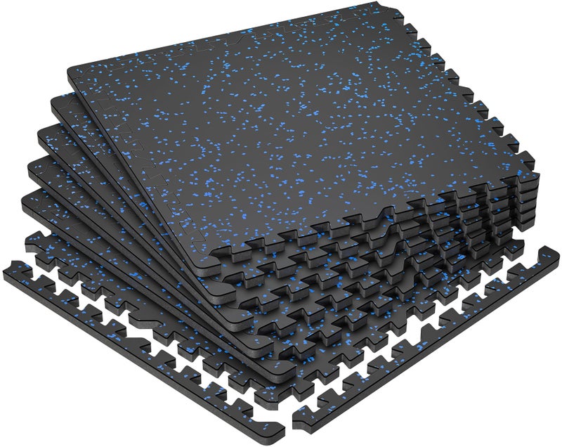 SUPERJARE 0.79'' Extra-Thick Exercise Equipment Mats, 6 Pcs 24 Sq Ft Rubber Top Floor Tiles with High Density EVA Foam, Interlocking Gym Flooring for Home Gym, Protective Workout Mat, Black/Blue - Image 1