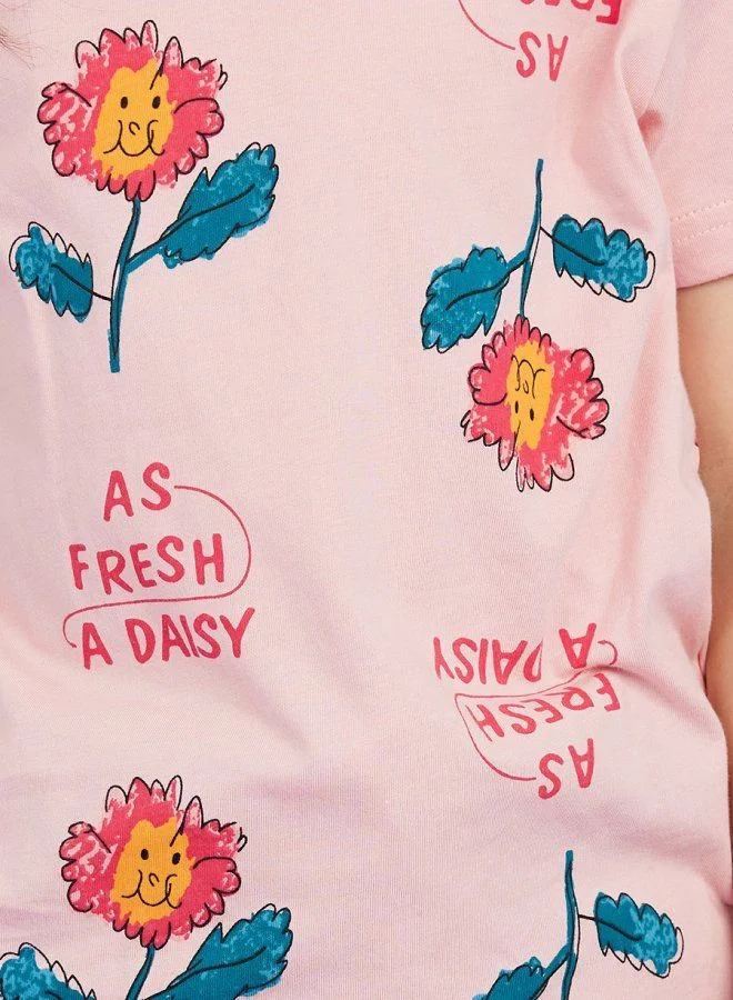 Styli Flower & Letter Graphic Print Round Neck T-Shirt