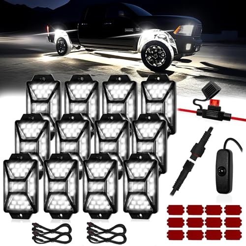 Auto Buero 12 Pods Pure White LED Rock Lights Kit with Switch Wiring Harness6500K 324 LEDs Bright Rock Lights for TrucksWaterproof Underglow Light for Car Jeep Off Road ATV UTV SUVPatented - Image 1