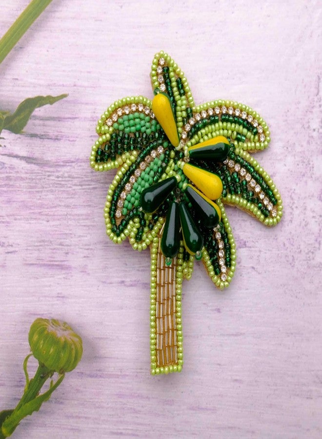 Abeo India Coconut Palm Tree Brooch, Green and Gold Beaded Design, 5-6 cm - Image 3