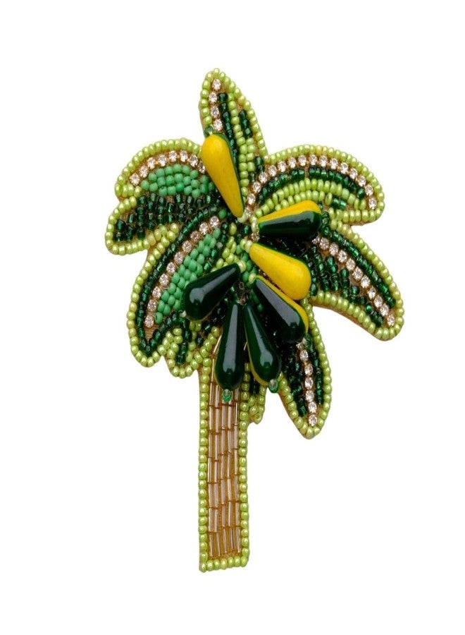 Abeo India Coconut Palm Tree Brooch, Green and Gold Beaded Design, 5-6 cm - Image 1