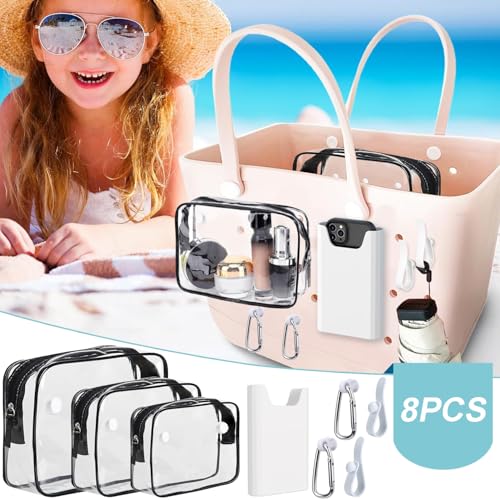Everfunny 3 Pcs Clear Bogg Beach Tote Bag with 4 Pcs Insert Hooks and 1 Phone Holder Accessories for Bogg Bags Travel Makeup Clean Toiletry Brush Organizer Cosmetic Divider Storage Inner Pouch (White set of 4) - Image 3