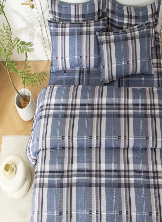 SDY 7PCS Twin Navy Blue and Plain Gingham Comforter Set，Plaid Bedding Set with Comforter, Flat Sheet, Fitted Sheet and Pillowcases & Shams，Soft Microfiber Sheet for Kids - Image 1