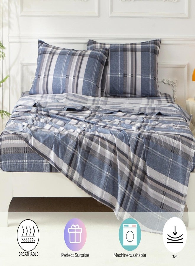 SDY 7PCS Twin Navy Blue and Plain Gingham Comforter Set，Plaid Bedding Set with Comforter, Flat Sheet, Fitted Sheet and Pillowcases & Shams，Soft Microfiber Sheet for Kids - Image 2