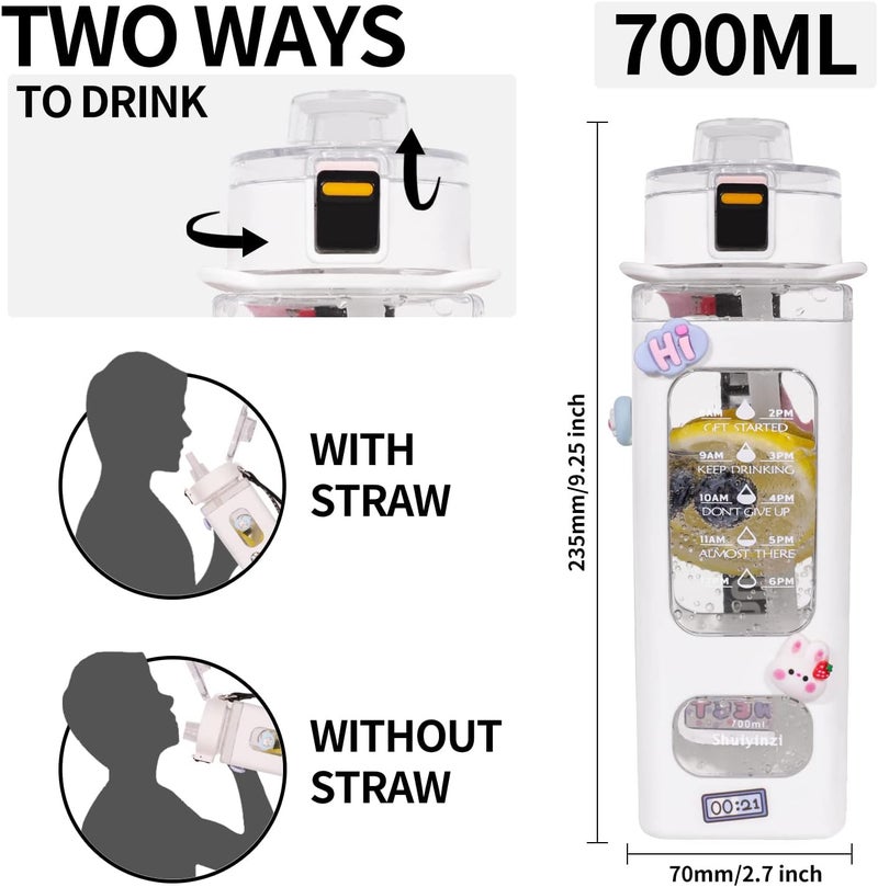 fufeisi Kawaii Water Bottle for Girls,Cute Kids Water Bottles with Straw,700ml Portable LeakProof Water Bottles With Adjustable Shoulder Strap for School (White) - Image 2