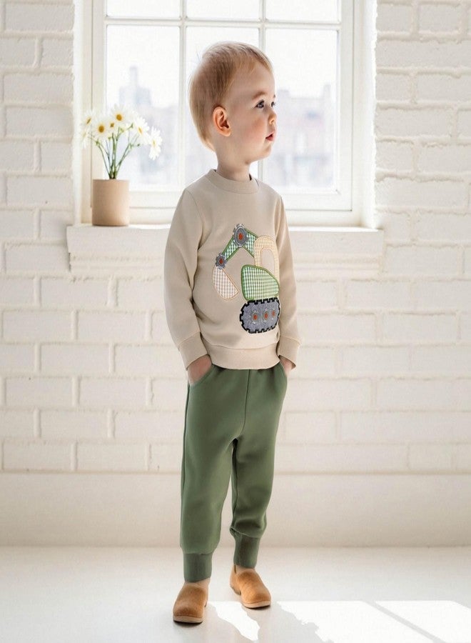 FOCUSNORM Toddler Baby Boy Fall Winter Outfit Excavator Embroidered Long Sleeve Sweatshirt Elastic Jogger Pant 2 Pcs Clothes (Green, 2-3T) - Image 2