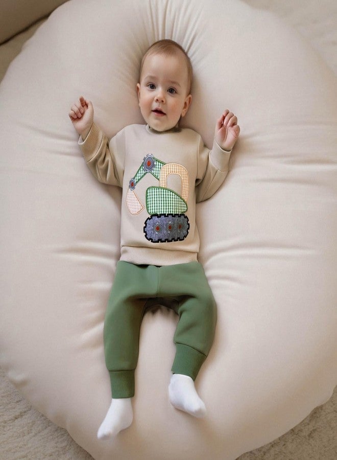 FOCUSNORM Toddler Baby Boy Fall Winter Outfit Excavator Embroidered Long Sleeve Sweatshirt Elastic Jogger Pant 2 Pcs Clothes (Green, 2-3T) - Image 4