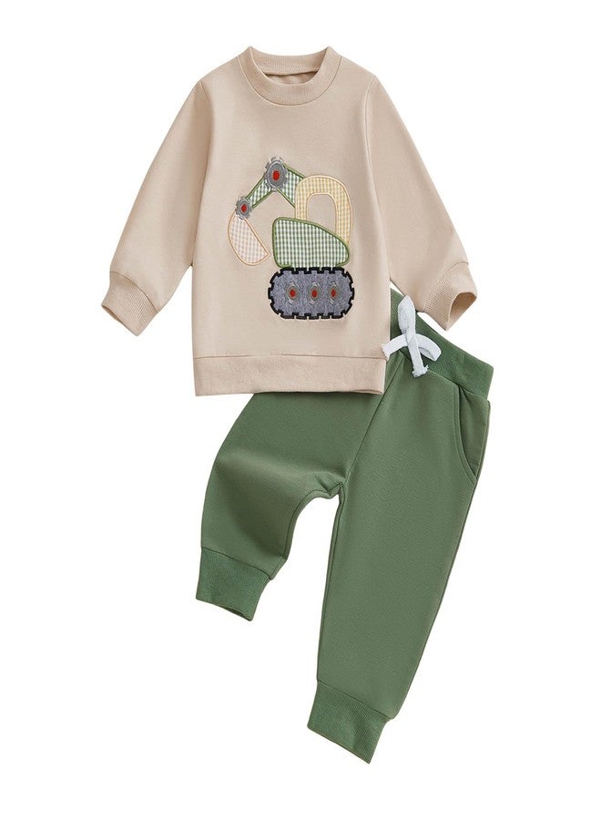 FOCUSNORM Toddler Baby Boy Fall Winter Outfit Excavator Embroidered Long Sleeve Sweatshirt Elastic Jogger Pant 2 Pcs Clothes (Green, 2-3T) - Image 1