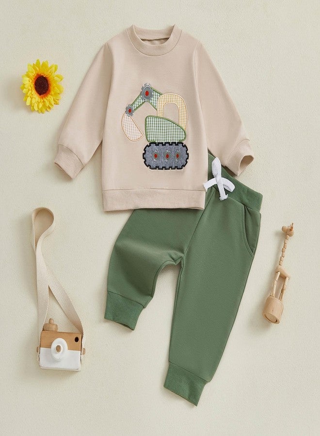 FOCUSNORM Toddler Baby Boy Fall Winter Outfit Excavator Embroidered Long Sleeve Sweatshirt Elastic Jogger Pant 2 Pcs Clothes (Green, 2-3T) - Image 5