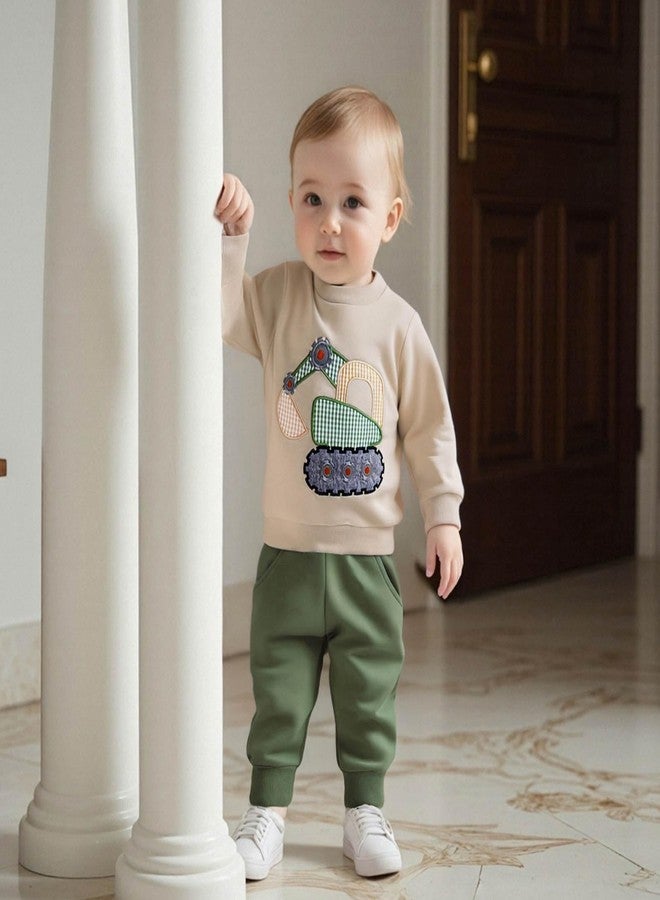 FOCUSNORM Toddler Baby Boy Fall Winter Outfit Excavator Embroidered Long Sleeve Sweatshirt Elastic Jogger Pant 2 Pcs Clothes (Green, 2-3T) - Image 3
