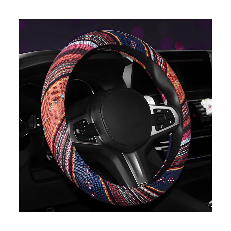 FSTURIOS Boho Steering Wheel Cover 15 Inch Coarse Flax Cloth Ethnic Style AntiSlip Car Wheel Wrap Universal Breathable Bohemian Steering Wheel Protector for Cars Vans Trucks C - Image 3