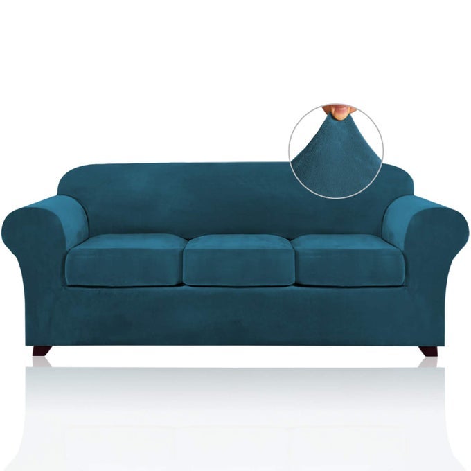VELVET COUCH COVERS FOR SOFA SOFT 4 PIECES COUCH COVERS FOR 3 CUSHION COUCH SOFA PET FRIENDLY FURNITURE PROTECTOR WITH NON SLIP ELASTIC BOTTOM WIDTH UP TO 90 INCHLARGE DEEP TEAL