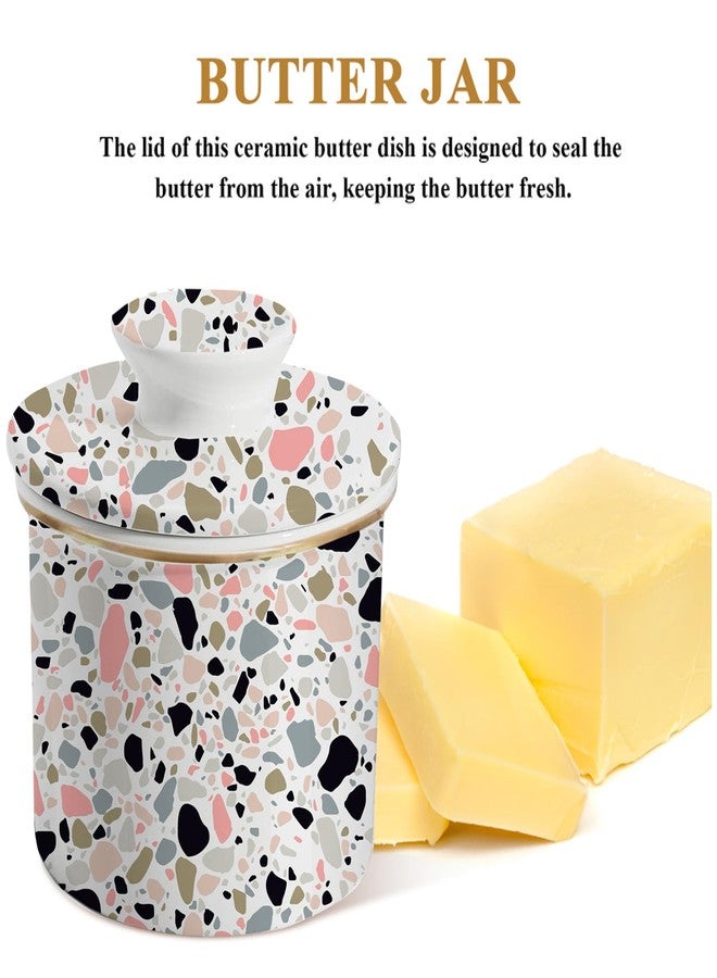 LEAZUL Ceramic Butter Dish With Pink Terrazzo Marble Print,Cute French Butter Crock for Counter Butter Container Keeper Storage Fresh Spreadable Butter with Lid for Home Kitchen Décor - Image 2