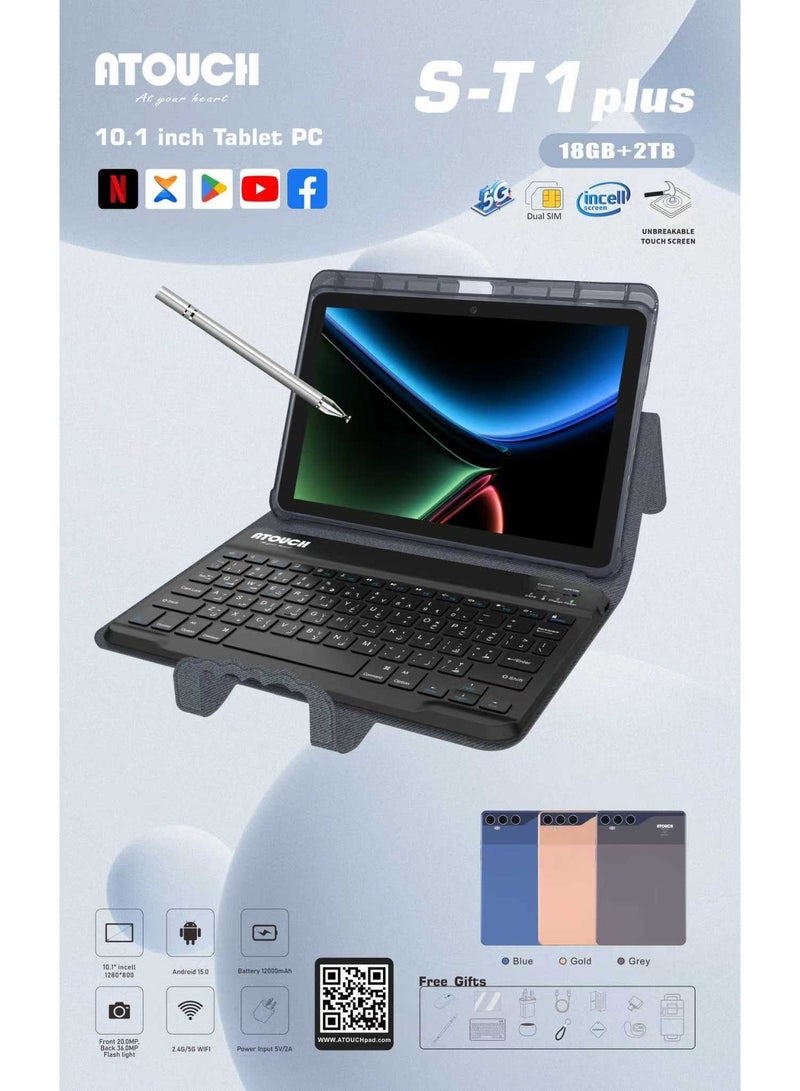 ATOUCH S-T1 Plus 10.1-Inch Screen Android 15 Smart Tablet 18GB RAM 2TB ROM Dual SIM 5G Wi-Fi Tab Student Kids Learning Tablet with Keyboard, Mouse, Stylus And Cover – Grey - Image 3