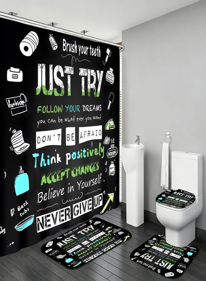 AZHM Black Inspirational Quotes and Positive Phrases Pattern Shower Curtain Set for Bathroom 4 Pcs Whimsical Design Bathroom Accessory Decor Sets with Shower Curtain and Rugs - Image 1