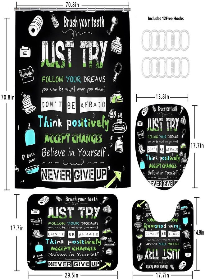 AZHM Black Inspirational Quotes and Positive Phrases Pattern Shower Curtain Set for Bathroom 4 Pcs Whimsical Design Bathroom Accessory Decor Sets with Shower Curtain and Rugs - Image 4