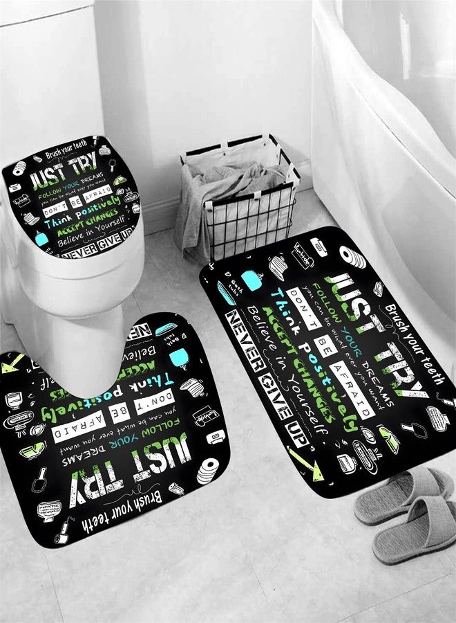 AZHM Black Inspirational Quotes and Positive Phrases Pattern Shower Curtain Set for Bathroom 4 Pcs Whimsical Design Bathroom Accessory Decor Sets with Shower Curtain and Rugs - Image 3
