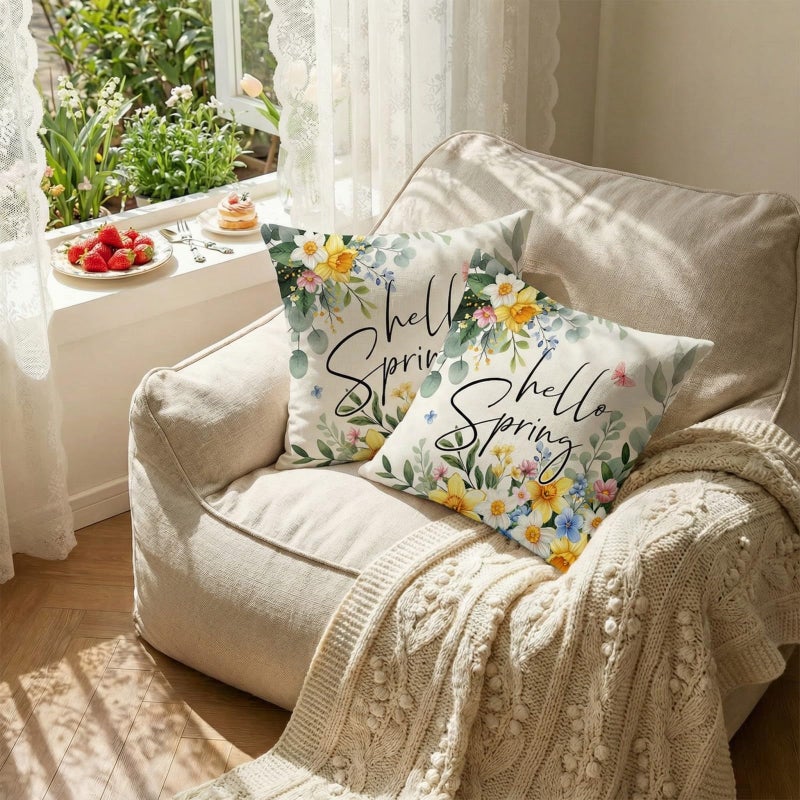 GEEORY Hello Spring Pillow Covers Set of 2, 18x18 Inch Farmhouse Eucalyptus Daffodils Decor Throw Pillow Cases for Sofa, Bedroom, Living Room - Image 5