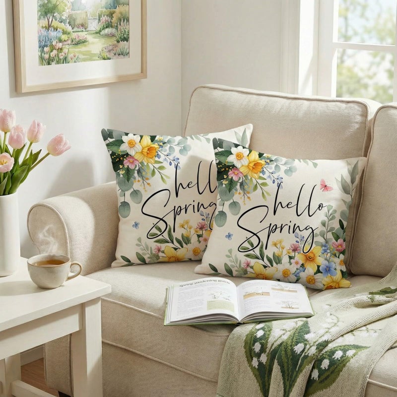 GEEORY Hello Spring Pillow Covers Set of 2, 18x18 Inch Farmhouse Eucalyptus Daffodils Decor Throw Pillow Cases for Sofa, Bedroom, Living Room - Image 2