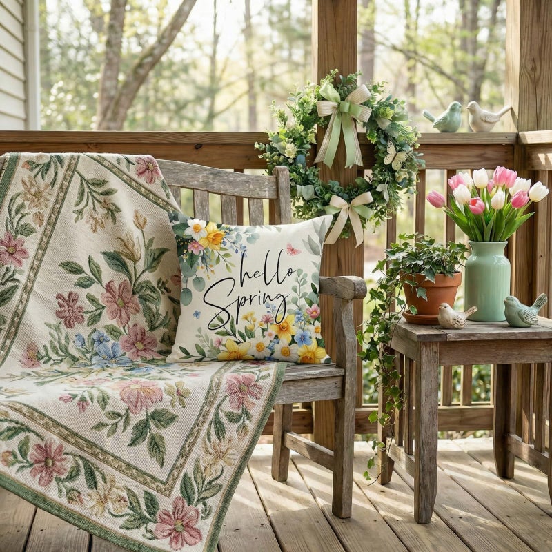 GEEORY Hello Spring Pillow Covers Set of 2, 18x18 Inch Farmhouse Eucalyptus Daffodils Decor Throw Pillow Cases for Sofa, Bedroom, Living Room - Image 3