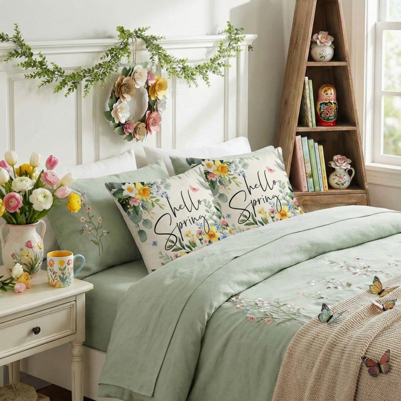 GEEORY Hello Spring Pillow Covers Set of 2, 18x18 Inch Farmhouse Eucalyptus Daffodils Decor Throw Pillow Cases for Sofa, Bedroom, Living Room - Image 4