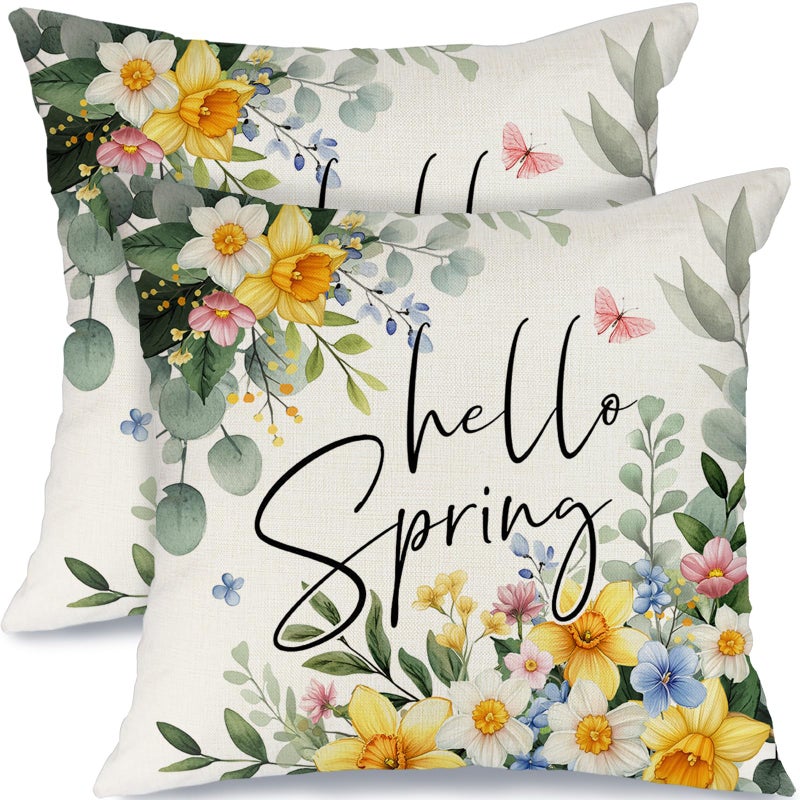 GEEORY Hello Spring Pillow Covers Set of 2, 18x18 Inch Farmhouse Eucalyptus Daffodils Decor Throw Pillow Cases for Sofa, Bedroom, Living Room - Image 1