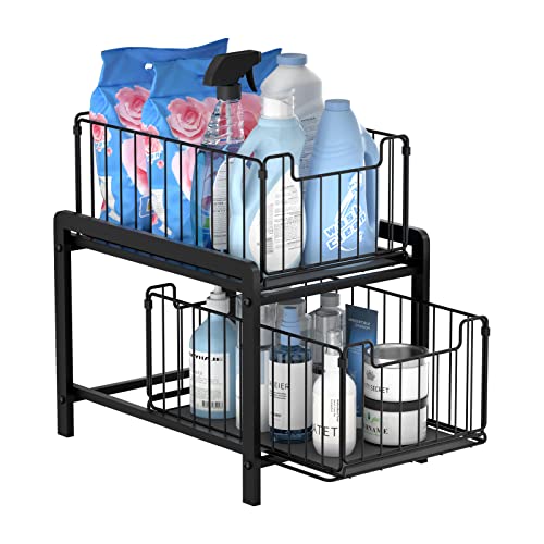 NPPLUS 2Tier Under Sink Organzier Iron Under Sink Cabinet Organizers With Sliding Drawer Pull Out Home Storage For Bathroom Kitchen Desktop Black - Image 3