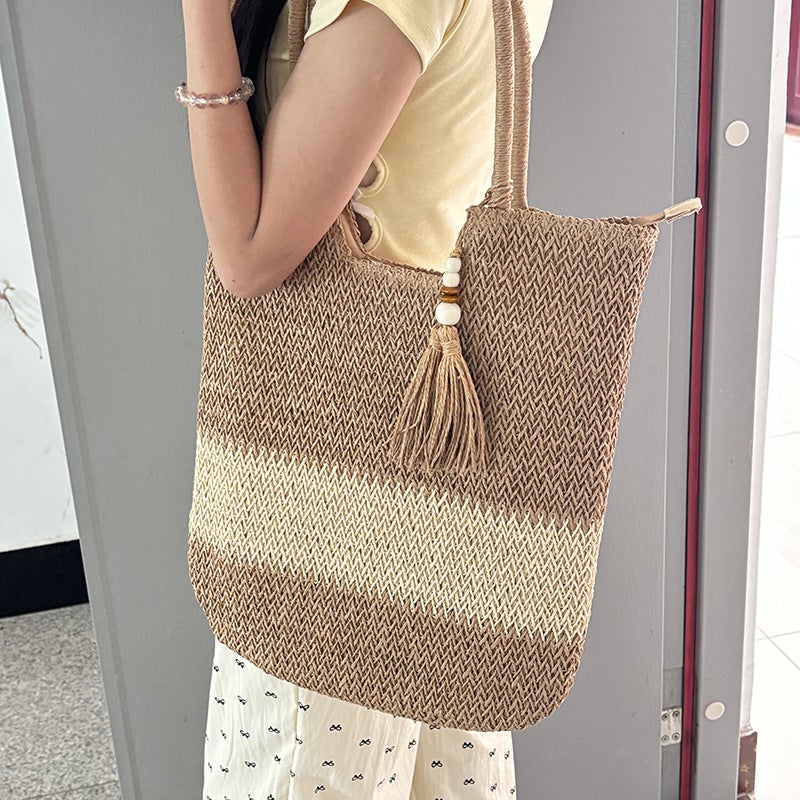 2025 Trendy Woven Basket Bag, Color-Blocked Straw Bag, Handbag, Shoulder Bag For Women, Retro Portable Crossbody Bag - Image 3