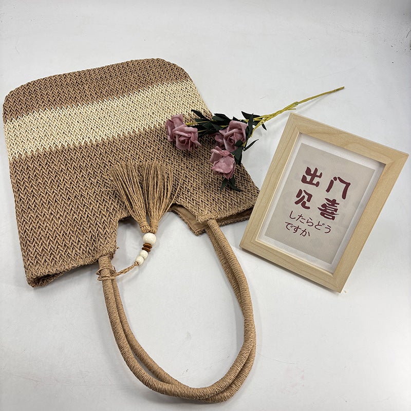 2025 Trendy Woven Basket Bag, Color-Blocked Straw Bag, Handbag, Shoulder Bag For Women, Retro Portable Crossbody Bag - Image 5
