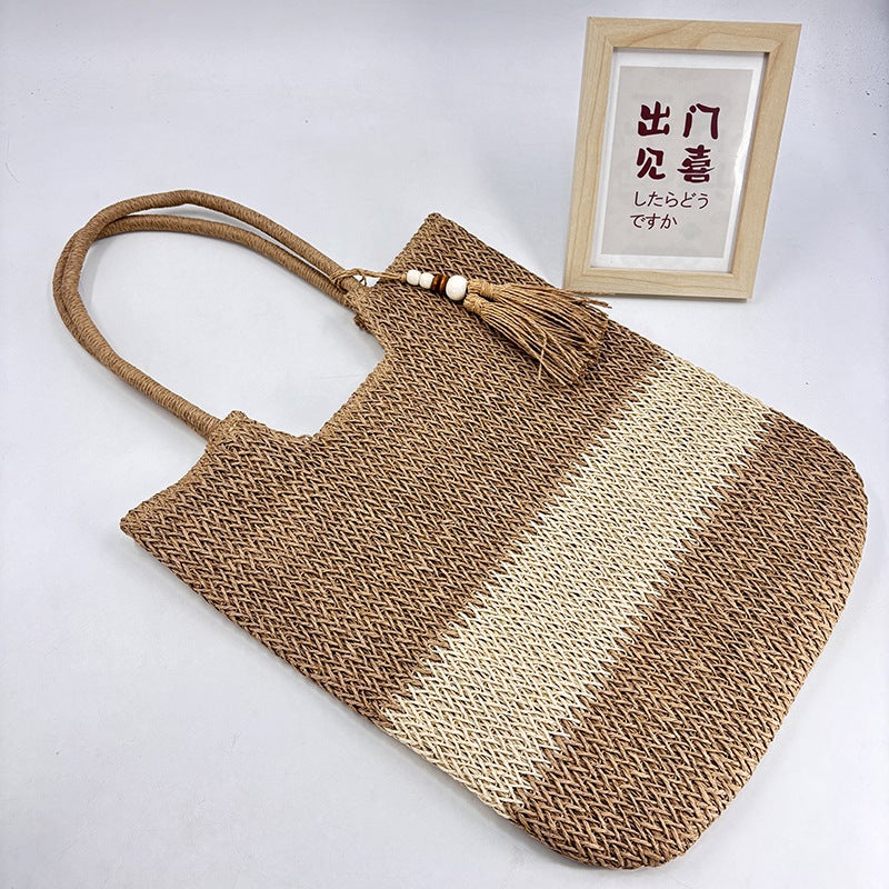 2025 Trendy Woven Basket Bag, Color-Blocked Straw Bag, Handbag, Shoulder Bag For Women, Retro Portable Crossbody Bag - Image 2