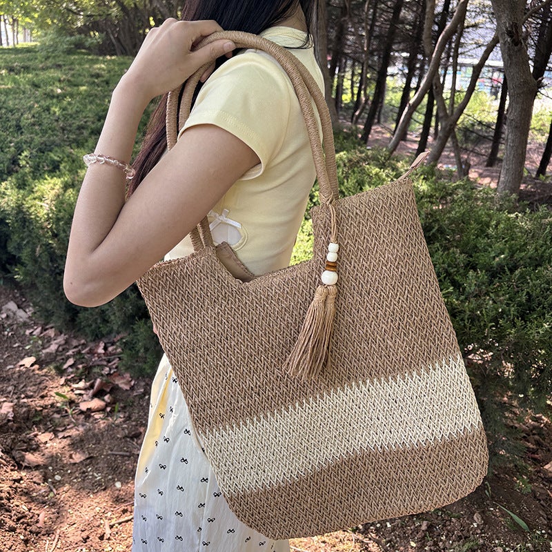 2025 Trendy Woven Basket Bag, Color-Blocked Straw Bag, Handbag, Shoulder Bag For Women, Retro Portable Crossbody Bag - Image 4