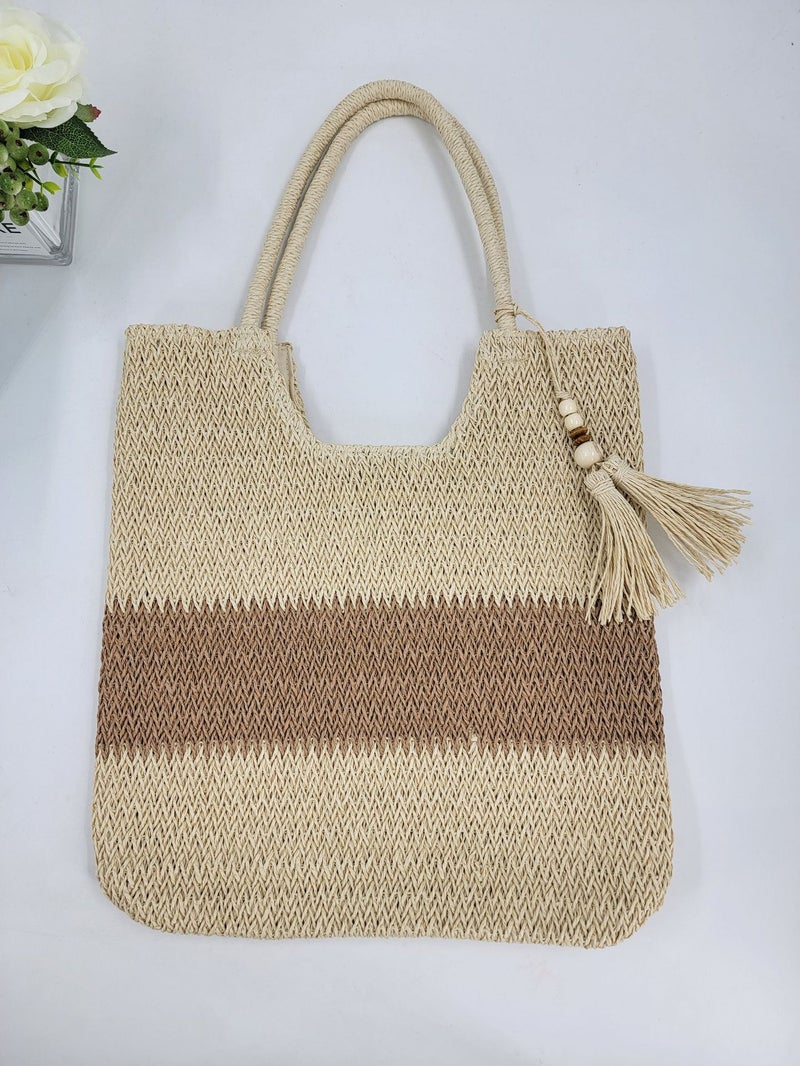2025 Trendy Woven Basket Bag, Color-Blocked Straw Bag, Handbag, Shoulder Bag For Women, Retro Portable Crossbody Bag - Image 1