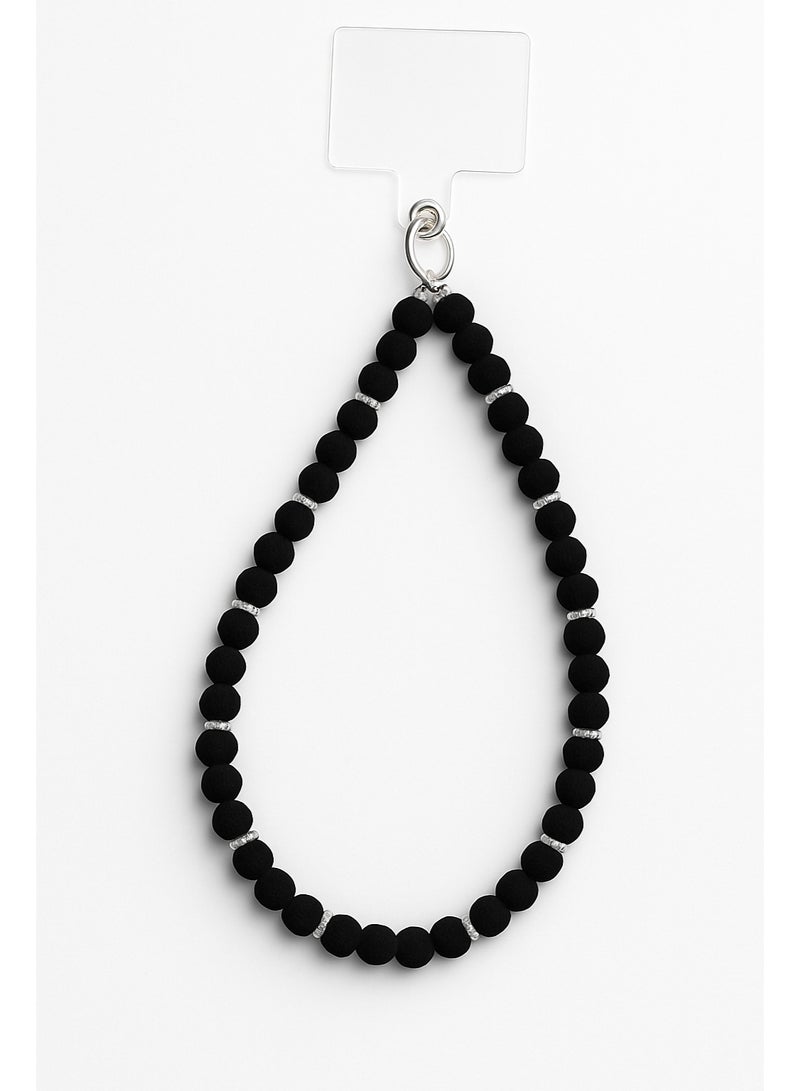 سلسلة موبايل خرز سوداء – مقاس صغير – قوية ومريحة للحمل اليومي مع حلقة تعليق معدنية – مناسبة لمعظم الجرابات - Image 1