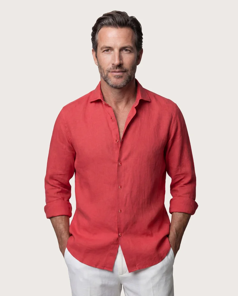 كاميتشسما Trendy Red Linen Slim Comfort Shirt