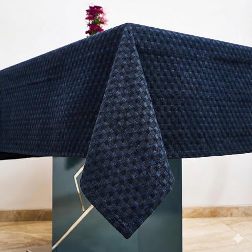 RUSTIQUE LINENS 100% Cotton Textured Check Tablecloth for 4 to 6 Seater – Water & Stain Resistant Dining Table Cover – Heavyweight, Washable – Navy Blue (150 x 150 CM) - Image 2