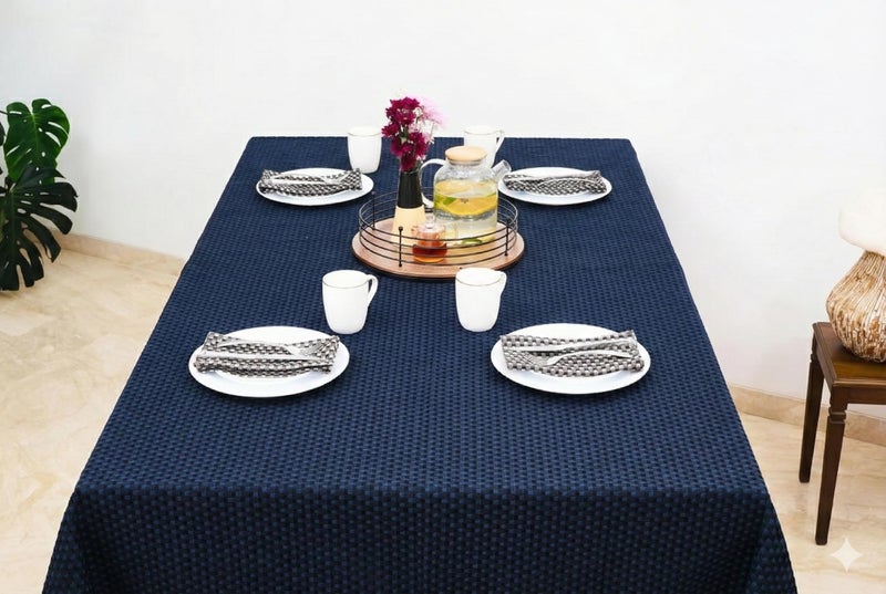 RUSTIQUE LINENS 100% Cotton Textured Check Tablecloth for 4 to 6 Seater – Water & Stain Resistant Dining Table Cover – Heavyweight, Washable – Navy Blue (150 x 150 CM) - Image 1