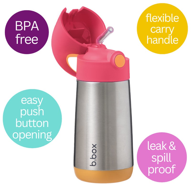 B.Box Insulated Drink Bottle with Straw | Stainless Steel Water Bottle for Babies & Kids 12+ Months | Push Button Lid | BPA-Free | Keeps Drinks Cold or Warm | 350ml (12 fl oz)-Strawberry Shake - Image 2