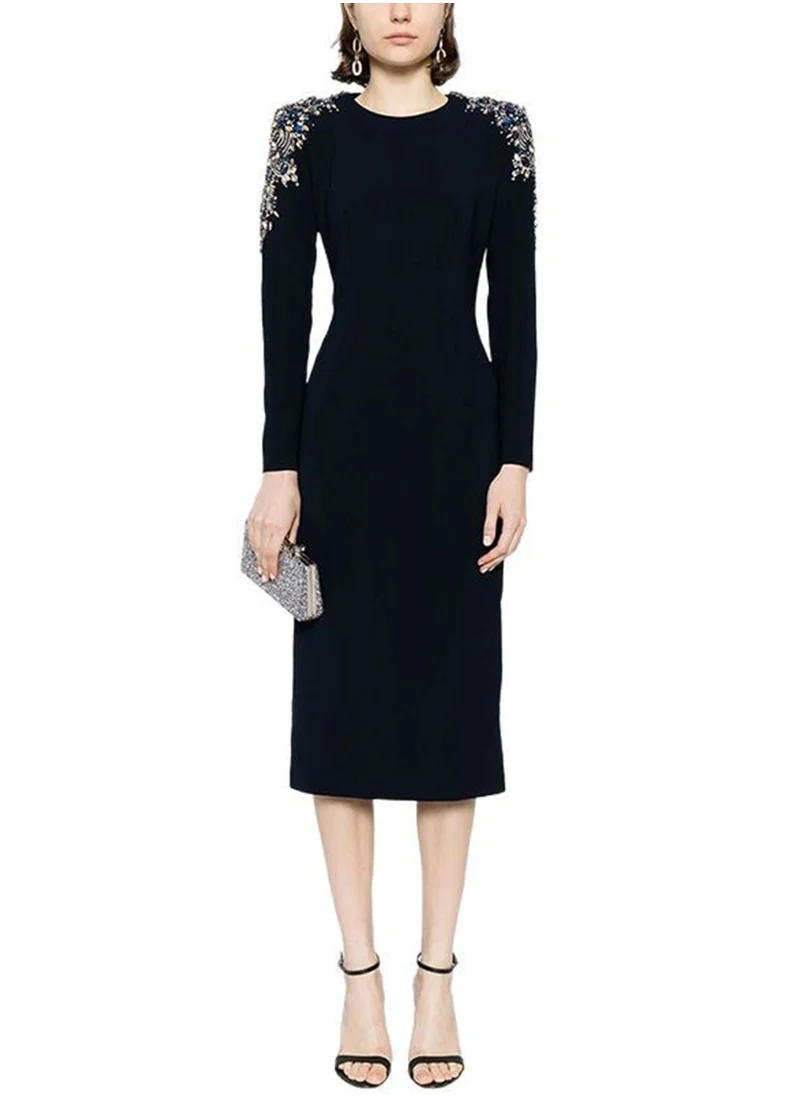 Madam Uniq Fashionable Long Sleeve Mid-Length Dress with Beading and Rhinestone Embellishments