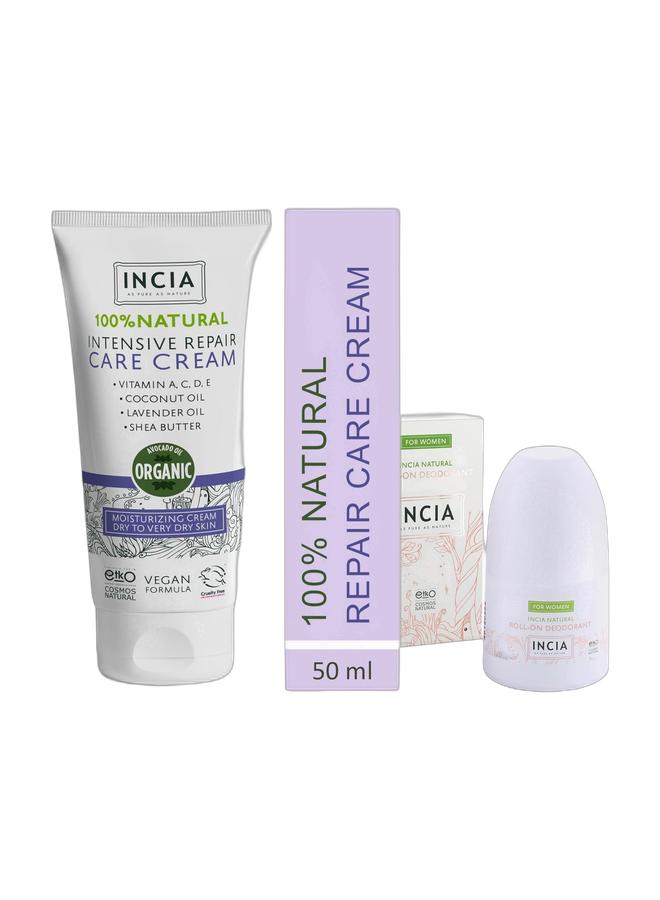 إنسيا مجموعة العناية بالبشرة ومزيل العرق الطبيعي للنساء - كريم إصلاح طبيعي 100% بخلاصة اللافندر والأفوكادو وزبدة الشيا + مزيل عرق دوار خالٍ من الألومنيوم - نباتي، لا يترك بقعًا، انتعاش يدوم طويلًا - عبوة مزدوجة 50 مل - Image 1