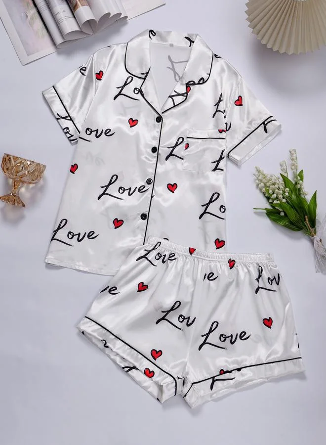 تايك تو White Graphic Print Shirt and Shorts Pajama Set