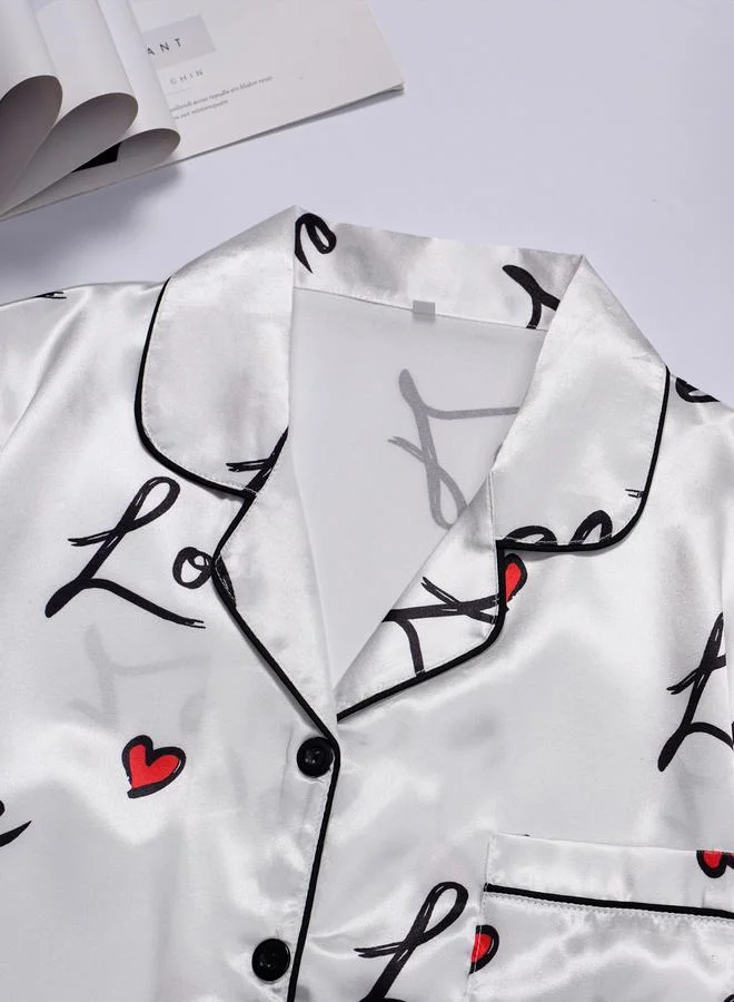 تايك تو White Graphic Print Shirt and Shorts Pajama Set